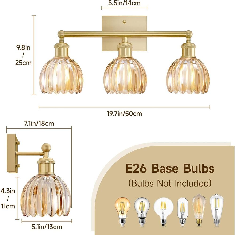 20" 3-Light Brushed Brass Bathroom Vanity Light with Amber Glass Shades - Picture 3 of 6